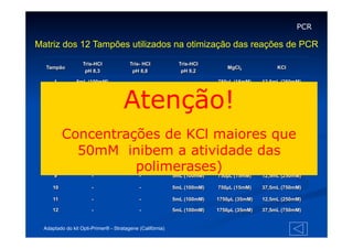 PCR

Matriz dos 12 Tampões utilizados na otimização das reações de PCR
Tampão

Tris-HCl
pH 8,3

Tris- HCl
pH 8,8

Tris-HCl
pH 9,2

MgCl2

KCl

1

5mL (100mM)

-

-

750µL (15mM)

12,5mL (250mM)

2

5mL (100mM)

-

-

750µL (15mM)

37,5mL (750mM)

3

5mL (100mM)

-

-

1750µL (35mM)

12,5mL (250mM)

4

5mL (100mM)

-

-

1750µL (35mM)

37,5mL (750mM)

5

Atenção!

Concentrações de KCl maiores que
50mM inibem a atividade das
polimerases)
-

5mL (100mM)

-

750µL (15mM)

12,5mL (250mM)

-

5mL (100mM)

-

750µL (15mM)

37,5mL (750mM)

-

5mL (100mM)

-

1750µL (35mM)

12,5mL (250mM)

-

5mL (100mM)

-

1750µL (35mM)

37,5mL (750mM)

-

-

5mL (100mM)

750µL (15mM)

12,5mL (250mM)

10

-

-

5mL (100mM)

750µL (15mM)

37,5mL (750mM)

11

-

-

5mL (100mM)

1750µL (35mM)

12,5mL (250mM)

12

-

-

5mL (100mM)

1750µL (35mM)

37,5mL (750mM)

6
7
8
9

Adaptado do kit Opti-Primer® - Stratagene (Califórnia)

 
