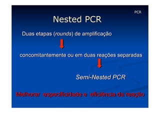 Nested PCR

PCR

Duas etapas (rounds) de amplificação

concomitantemente ou em duas reações separadas

Semi-Nested PCR
Melhorar especificidade e eficiência da reação

 
