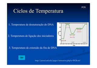 Ciclos de Temperatura
1. Temperatura de desnaturação do DNA

2. Temperatura de ligação dos iniciadores

3. Temperatura de extensão da fita de DNA

http://passel.unl.edu/pages/animation.php?a=PCR.swf

PCR

 