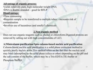 Advantage of organic process:
•yields relatively pure, high molecular weight DNA
•DNA is double stranded – good for RFLP
Disadvantage:
•Time consuming
•Requires sample to be transferred to multiple tubes – increases risk of
contamination
•Involves use of hazardous (and smelly!) chemicals
2.Non organic method
Does not use organic reagents such as phenol or chloroform.Digested proteins are
removed by salting out with high concentrations of LiCl.
A)Minicolumn purification/Spin column-based nucleic acid purification:
Column-based nucleic acid purification is a solid phase extraction method to
quickly purify nucleic acids.This method relies on the fact that the nucleic acid
may bind (adsorption) to the solid phase (silica or other) depending on the pH and
the salt content of the buffer, which may be a Tris-EDTA (TE) buffer or
Phosphate buffer.
Barna 10
 