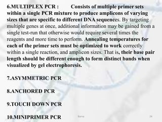 6.MULTIPLEX PCR : Consists of multiple primer sets
within a single PCR mixture to produce amplicons of varying
sizes that are specific to different DNA sequences. By targeting
multiple genes at once, additional information may be gained from a
single test-run that otherwise would require several times the
reagents and more time to perform. Annealing temperatures for
each of the primer sets must be optimized to work correctly
within a single reaction, and amplicon sizes. That is, their base pair
length should be different enough to form distinct bands when
visualized by gel electrophoresis.
7.ASYMMETRIC PCR
8.ANCHORED PCR
9.TOUCH DOWN PCR
10.MINIPRIMER PCR Barna 24
 