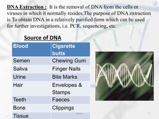 DNA Extraction : It is the removal of DNA from the cells or
viruses in which it normally resides.The purpose of DNA extraction
is To obtain DNA in a relatively purified form which can be used
for further investigations, i.e. PCR, sequencing, etc.
Blood Cigarette
butts
Semen Chewing Gum
Saliva Finger Nails
Urine Bite Marks
Hair Envelopes &
Stamps
Teeth Faeces
Bone Clippings
Tissue
Source of DNA
Barna 5
 
