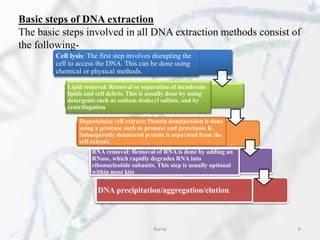 Cell lysis: The first step involves disrupting the
cell to access the DNA. This can be done using
chemical or physical methods.
Lipid removal: Removal or separation of membrane
lipids and cell debris. This is usually done by using
detergents such as sodium dodecyl sulfate, and by
centrifugation
Deproteinize cell extract: Protein denaturation is done
using a protease such as pronase and proteinase K.
Subsequently denatured protein is separated from the
cell extract.
RNA removal: Removal of RNA is done by adding an
RNase, which rapidly degrades RNA into
ribonucleotide subunits. This step is usually optional
within most kits
DNA precipitation/aggregation/elution:
Basic steps of DNA extraction
The basic steps involved in all DNA extraction methods consist of
the following-
Barna 6
 