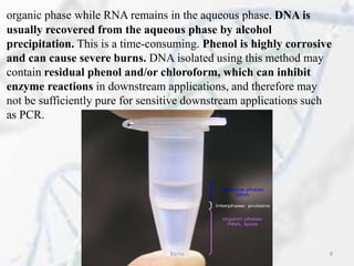 organic phase while RNA remains in the aqueous phase. DNA is
usually recovered from the aqueous phase by alcohol
precipitation. This is a time-consuming. Phenol is highly corrosive
and can cause severe burns. DNA isolated using this method may
contain residual phenol and/or chloroform, which can inhibit
enzyme reactions in downstream applications, and therefore may
not be sufficiently pure for sensitive downstream applications such
as PCR.
Barna 8
 