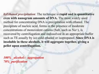 b)Ethanol precipitation: The technique is rapid and is quantitative
even with nanogram amounts of DNA. The most widely used
method for concentrating DNA is precipitation with ethanol. The
precipitate of nucleic acid, forms in the presence of moderate
concentrations of monovalent cations (Salt, such as Na+), is
recovered by centrifugation and redissolved in an appropriate buffer
such as TE.usually by ice-cold ethanol or isopropanol. Since DNA is
insoluble in these alcohols, it will aggregate together, giving a
pellet upon centrifugation.
100% _alcohol:: aggregation
70%_purification
Barna 9
 