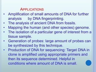 APPLICATIONS
• Amplification of small amounts of DNA for further
analysis by DNA fingerprinting.
• The analysis of ancient DNA from fossils.
• Mapping the human (and other species) genome.
• The isolation of a particular gene of interest from a
tissue sample.
• Generation of probes: large amount of probes can
be synthesized by this technique.
• Production of DNA for sequencing: Target DNA in
clone is amplified using appropriate primers and
then its sequence determined. Helpful in
conditions where amount of DNA is small.
 