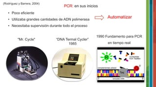 PCR: en sus inicios
• Poco eficiente
• Utilizaba grandes cantidades de ADN polimerasa
• Necesitaba supervisión durante todo el proceso
Automatizar
“DNA Termal Cycler”
1985
1990 Fundamento para PCR
en tiempo real
"Mr. Cycle"
(Rodríguez y Barrera, 2004)
 