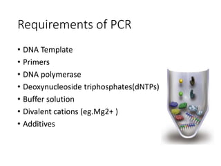 Requirements of PCR
• DNA Template
• Primers
• DNA polymerase
• Deoxynucleoside triphosphates(dNTPs)
• Buffer solution
• Divalent cations (eg.Mg2+ )
• Additives
 