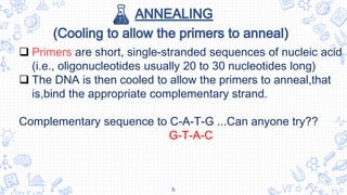 6
 are short, single-stranded sequences of nucleic acid
(i.e., oligonucleotides usually 20 to 30 nucleotides long)
 The DNA is then cooled to allow the primers to anneal,that
is,bind the appropriate complementary strand.
Complementary sequence to C-A-T-G ...Can anyone try??
G-T-A-C
 