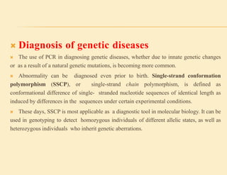  Diagnosis of genetic diseases
 The use of PCR in diagnosing genetic diseases, whether due to innate genetic changes
or as a result of a natural genetic mutations, is becoming more common.
 Abnormality can be diagnosed even prior to birth. Single-strand conformation
polymorphism (SSCP), or single-strand chain polymorphism, is defined as
conformational difference of single- stranded nucleotide sequences of identical length as
induced by differences in the sequences under certain experimental conditions.
 These days, SSCP is most applicable as a diagnostic tool in molecular biology. It can be
used in genotyping to detect homozygous individuals of different allelic states, as well as
heterozygous individuals who inherit genetic aberrations.
 