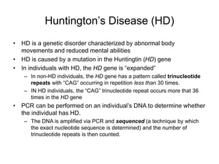 Huntington’s Disease (HD)
• HD is a genetic disorder characterized by abnormal body
movements and reduced mental abilities
• HD is caused by a mutation in the Huntingtin (HD) gene
• In individuals with HD, the HD gene is “expanded”
– In non-HD individuals, the HD gene has a pattern called trinucleotide
repeats with “CAG” occurring in repetition less than 30 times.
– IN HD individuals, the “CAG” trinucleotide repeat occurs more that 36
times in the HD gene
• PCR can be performed on an individual’s DNA to determine whether
the individual has HD.
– The DNA is amplified via PCR and sequenced (a technique by which
the exact nucleotide sequence is determined) and the number of
trinucleotide repeats is then counted.
 
