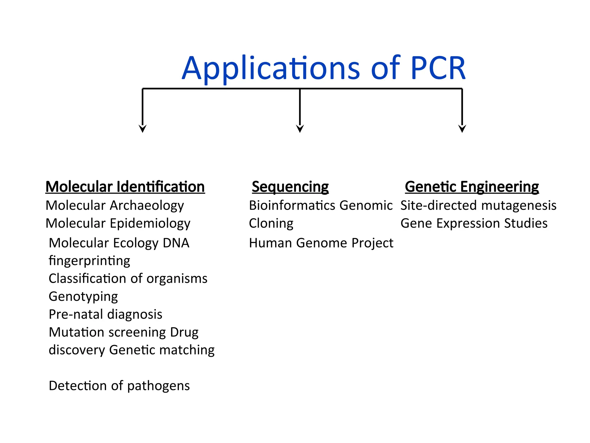 Applications of PCR
Molecular Identification
Molecular Archaeology
Molecular Epidemiology
Sequencing
Bioinformatics Genomic
Cloning
Genetic Engineering
Site-directed mutagenesis
Gene Expression Studies
Molecular Ecology DNA
fingerprinting
Classification of organisms
Human Genome Project
Genotyping
Pre-natal diagnosis
Mutation screening Drug
discovery Genetic matching
Detection of pathogens
 
