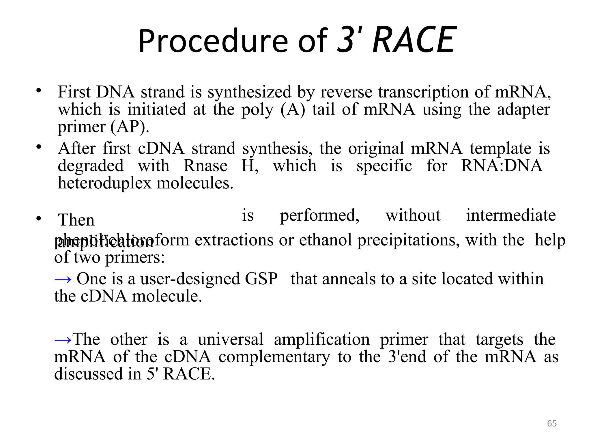 65
Procedure of 3' RACE
• First DNA strand is synthesized by reverse transcription of mRNA,
which is initiated at the poly (A) tail of mRNA using the adapter
primer (AP).
• After first cDNA strand synthesis, the original mRNA template is
degraded with Rnase H, which is specific for RNA:DNA
heteroduplex molecules.
• Then
amplification
is performed, without intermediate
phenol:chloroform extractions or ethanol precipitations, with the help
of two primers:
→ One is a user-designed GSP that anneals to a site located within
the cDNA molecule.
→The other is a universal amplification primer that targets the
mRNA of the cDNA complementary to the 3'end of the mRNA as
discussed in 5' RACE.
 