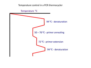 72 0C - primer extension
94 0C - denaturation
Temperature 0C
Temperature control in a PCR thermocycler
94 0C - denaturation
50 – 70 0C - primer annealing
 