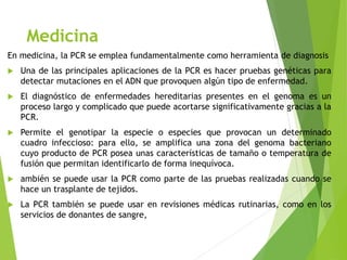 Medicina
En medicina, la PCR se emplea fundamentalmente como herramienta de diagnosis
 Una de las principales aplicaciones de la PCR es hacer pruebas genéticas para
detectar mutaciones en el ADN que provoquen algún tipo de enfermedad.
 El diagnóstico de enfermedades hereditarias presentes en el genoma es un
proceso largo y complicado que puede acortarse significativamente gracias a la
PCR.
 Permite el genotipar la especie o especies que provocan un determinado
cuadro infeccioso: para ello, se amplifica una zona del genoma bacteriano
cuyo producto de PCR posea unas características de tamaño o temperatura de
fusión que permitan identificarlo de forma inequívoca.
 ambién se puede usar la PCR como parte de las pruebas realizadas cuando se
hace un trasplante de tejidos.
 La PCR también se puede usar en revisiones médicas rutinarias, como en los
servicios de donantes de sangre,
 