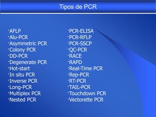 Tipos de PCR


·AFLP               ·PCR-ELISA
·Alu-PCR            ·PCR-RFLP
·Asymmetric PCR     ·PCR-SSCP
·Colony PCR         ·QC-PCR
·DD-PCR             ·RACE
·Degenerate PCR     ·RAPD
·Hot-start          ·Real-Time PCR
·In situ PCR        ·Rep-PCR
·Inverse PCR        ·RT-PCR
·Long-PCR           ·TAIL-PCR
·Multiplex PCR      ·Touchdown PCR
·Nested PCR         ·Vectorette PCR
 