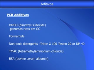 Aditivos

PCR Additivos


 DMSO (dimethyl sulfoxide)
 genomas ricos em GC

 Formamide

 Non-ionic detergents –Triton X 100 Tween 20 or NP-40

 TMAC (tetramethylammonium chloride)

 BSA (bovine serum albumin)
 