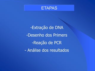 ETAPAS



   -Extração de DNA
-Desenho dos Primers
   -Reação de PCR
- Análise dos resultados
 