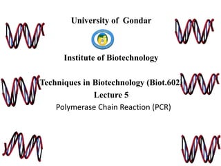 University of Gondar
Institute of Biotechnology
Techniques in Biotechnology (Biot.602)
Lecture 5
Polymerase Chain Reaction (PCR)
 
