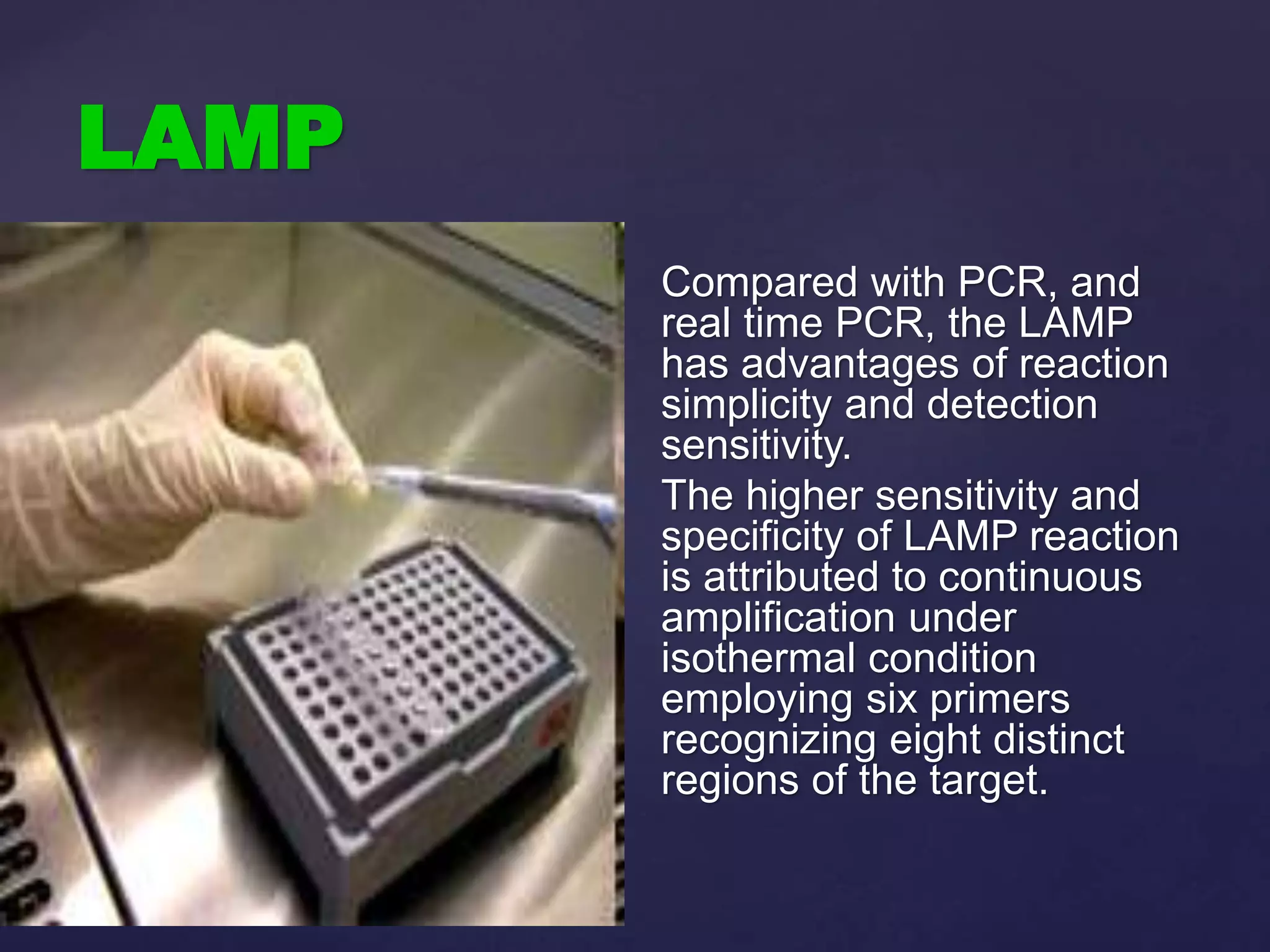LAMP
Compared with PCR, and
real time PCR, the LAMP
has advantages of reaction
simplicity and detection
sensitivity.
The higher sensitivity and
specificity of LAMP reaction
is attributed to continuous
amplification under
isothermal condition
employing six primers
recognizing eight distinct
regions of the target.
 