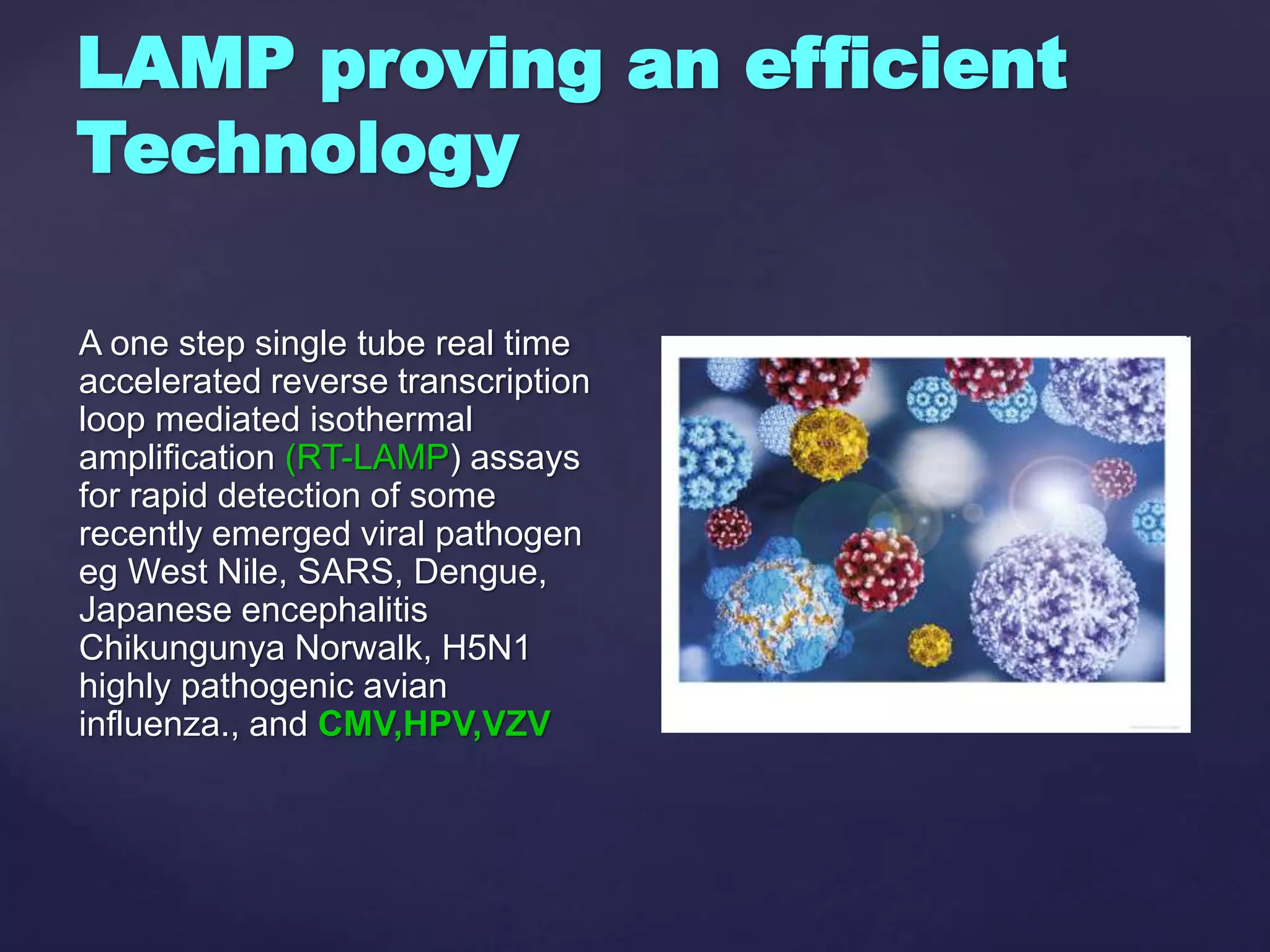 LAMP proving an efficient
Technology
A one step single tube real time
accelerated reverse transcription
loop mediated isothermal
amplification (RT-LAMP) assays
for rapid detection of some
recently emerged viral pathogen
eg West Nile, SARS, Dengue,
Japanese encephalitis
Chikungunya Norwalk, H5N1
highly pathogenic avian
influenza., and CMV,HPV,VZV
 