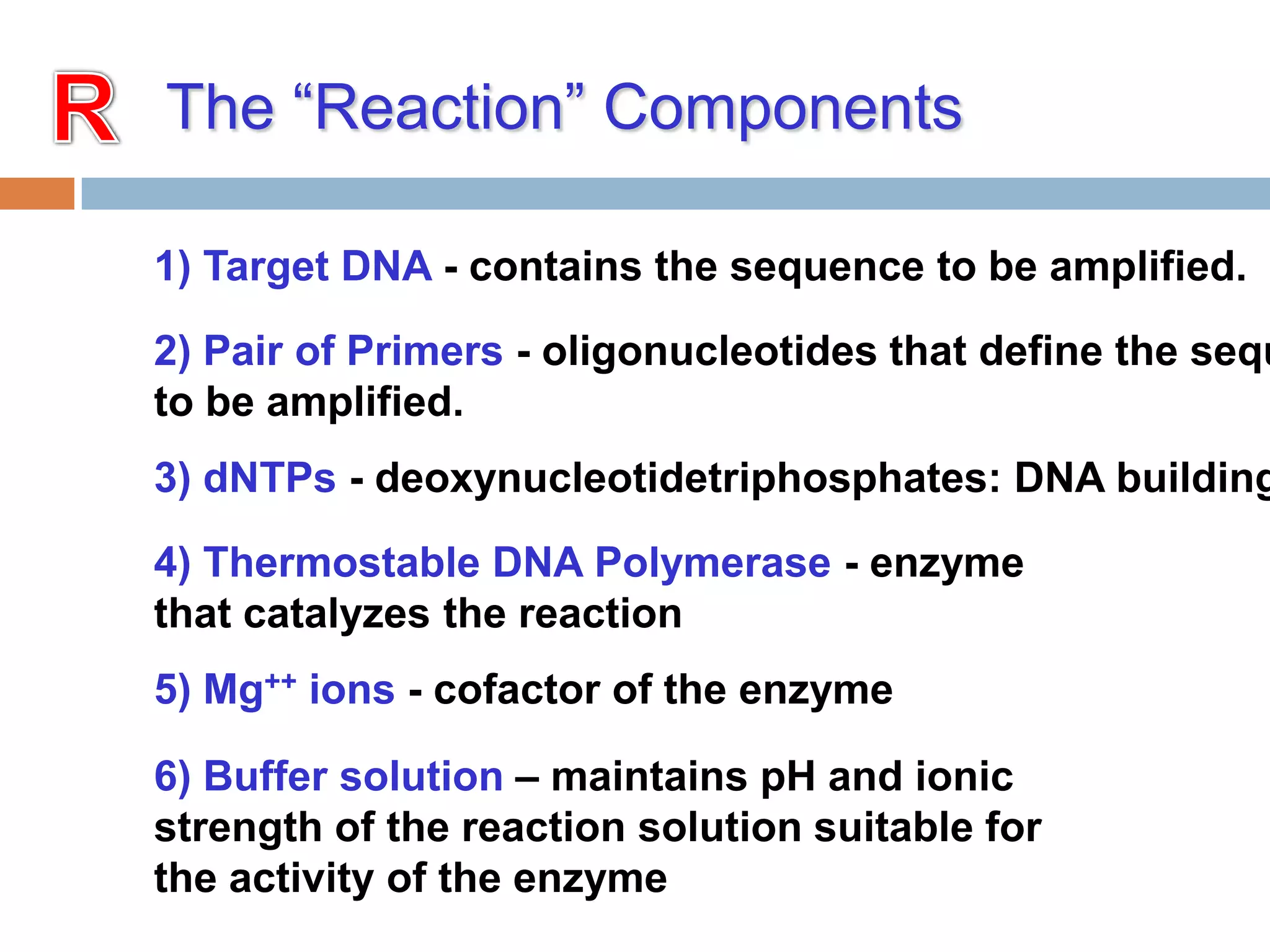The ―Reaction‖ Components

1) Target DNA - contains the sequence to be amplified.

2) Pair of Primers - oligonucleotides that define the sequ
to be amplified.
3) dNTPs - deoxynucleotidetriphosphates: DNA building

4) Thermostable DNA Polymerase - enzyme
that catalyzes the reaction
5) Mg++ ions - cofactor of the enzyme

6) Buffer solution – maintains pH and ionic
strength of the reaction solution suitable for
the activity of the enzyme
 