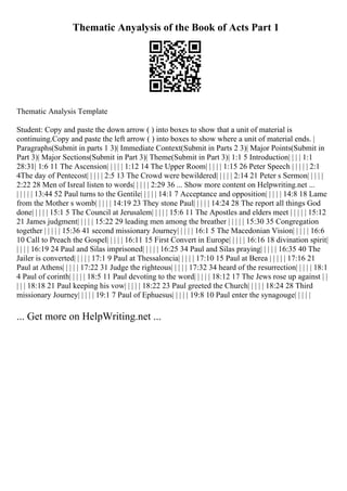 Thematic Anyalysis of the Book of Acts Part 1
Thematic Analysis Template
Student: Copy and paste the down arrow ( ) into boxes to show that a unit of material is
continuing.Copy and paste the left arrow ( ) into boxes to show where a unit of material ends. |
Paragraphs(Submit in parts 1 3)| Immediate Context(Submit in Parts 2 3)| Major Points(Submit in
Part 3)| Major Sections(Submit in Part 3)| Theme(Submit in Part 3)| 1:1 5 Introduction| | | | 1:1
28:31| 1:6 11 The Ascension| | | | | 1:12 14 The Upper Room| | | | | 1:15 26 Peter Speech | | | | | 2:1
4The day of Pentecost| | | | | 2:5 13 The Crowd were bewildered| | | | | 2:14 21 Peter s Sermon| | | | |
2:22 28 Men of Isreal listen to words| | | | | 2:29 36 ... Show more content on Helpwriting.net ...
| | | | | 13:44 52 Paul turns to the Gentile| | | | | 14:1 7 Acceptance and opposition| | | | | 14:8 18 Lame
from the Mother s womb| | | | | 14:19 23 They stone Paul| | | | | 14:24 28 The report all things God
done| | | | | 15:1 5 The Council at Jerusalem| | | | | 15:6 11 The Apostles and elders meet | | | | | 15:12
21 James judgment| | | | | 15:22 29 leading men among the breather | | | | | 15:30 35 Congregation
together | | | | | 15:36 41 second missionary Journey| | | | | 16:1 5 The Macedonian Vision| | | | | 16:6
10 Call to Preach the Gospel| | | | | 16:11 15 First Convert in Europe| | | | | 16:16 18 divination spirit|
| | | | 16:19 24 Paul and Silas imprisoned| | | | | 16:25 34 Paul and Silas praying| | | | | 16:35 40 The
Jailer is converted| | | | | 17:1 9 Paul at Thessaloncia| | | | | 17:10 15 Paul at Berea | | | | | 17:16 21
Paul at Athens| | | | | 17:22 31 Judge the righteous| | | | | 17:32 34 heard of the resurrection| | | | | 18:1
4 Paul of corinth| | | | | 18:5 11 Paul devoting to the word| | | | | 18:12 17 The Jews rose up against | |
| | | 18:18 21 Paul keeping his vow| | | | | 18:22 23 Paul greeted the Church| | | | | 18:24 28 Third
missionary Journey| | | | | 19:1 7 Paul of Ephuesus| | | | | 19:8 10 Paul enter the synagouge| | | | |
... Get more on HelpWriting.net ...
 