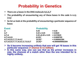 Probability in Genetics
• There are 4 bases in the DNA molecule A,C,G,T
• The probability of encountering any of these bases in the code is 0.25
(1/4)
• So let us look at the probability of encountering a particular sequence of
bases
Event Probability
A 0.25 = 0.25
A,T 0.25 x 0.25 = 0.0625
A,T,A 0.25 x0.25 x 0.25 = 0.015625
A,T,A,G,G (0.25)5
= 0.0009765
A,T,A,G,G,T,T,T,A,A,C (0.25)11
= 0.000002384
A,T,A,G,G,T,T,T,A,A,C,C,T,G,G,T (0.25)16
=0.0000000002384
 So it become increasing unlikely that one will get 16 bases in this
particular sequence (1 chance in 4.3 billion).
 In this same way, one can see that as the primer increases in
size, the chances of a match other than the one intended for is
highly unlikely.
 