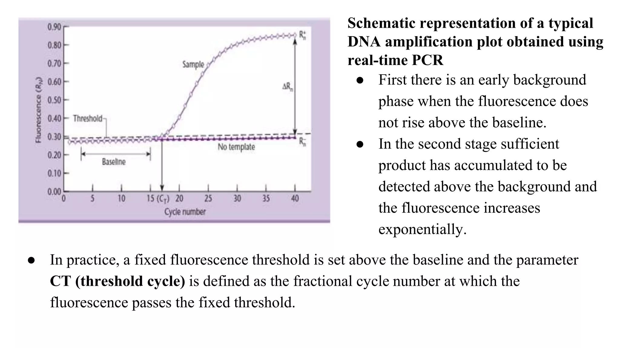 Schematic representation of a typical
DNA amplification plot obtained using
real-time PCR
● First there is an early background
phase when the fluorescence does
not rise above the baseline.
● In the second stage sufficient
product has accumulated to be
detected above the background and
the fluorescence increases
exponentially.
● In practice, a fixed fluorescence threshold is set above the baseline and the parameter
CT (threshold cycle) is defined as the fractional cycle number at which the
fluorescence passes the fixed threshold.
 