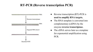 RT-PCR (Reverse transcription PCR)
● Reverse transcription (RT)-PCR is
used to amplify RNA targets.
● The RNA template is converted into
complementary (c)DNA by the
enzyme reverse transcriptase.
● The cDNA serves later as a template
for exponential amplification using
PCR.
 