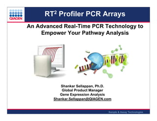 RT2 Profiler PCR Arrays
An Advanced Real-Time PCR Technology to
Empower Your Pathway Analysis

Shankar Sellappan, Ph.D.
Global Product Manager
Gene Expression Analysis
Shankar.Sellappan@QIAGEN.com

Sample & Assay Technologies

 