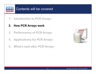 Contents will be covered
1. Introduction to PCR Arrays
2. How PCR Arrays work
3. Performance of PCR Arrays
4. Applications for PCR Arrays
5. What’s next after PCR Arrays

- 18 -

Sample & Assay Technologies

 