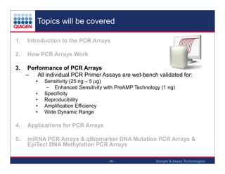 Topics will be covered
1.

Introduction to the PCR Arrays

2.

How PCR Arrays Work

3.

Performance of PCR Arrays
–
All individual PCR Primer Assays are wet-bench validated for:
•
•
•
•
•

Sensitivity (25 ng – 5 µg)
– Enhanced Sensitivity with PreAMP Technology (1 ng)
Specificity
Reproducibility
Amplification Efficiency
Wide Dynamic Range

4.

Applications for PCR Arrays

5.

miRNA PCR Arrays & qBiomarker DNA Mutation PCR Arrays &
EpiTect DNA Methylation PCR Arrays
- 26 -

Sample & Assay Technologies

 