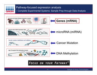 Pathway-focused expression analysis
- Complete Experimental Systems: Sample Prep through Data Analysis

Genes (mRNA)

microRNA (miRNA)

Cancer Mutation

DNA Methylation

-4-

Sample & Assay Technologies

 