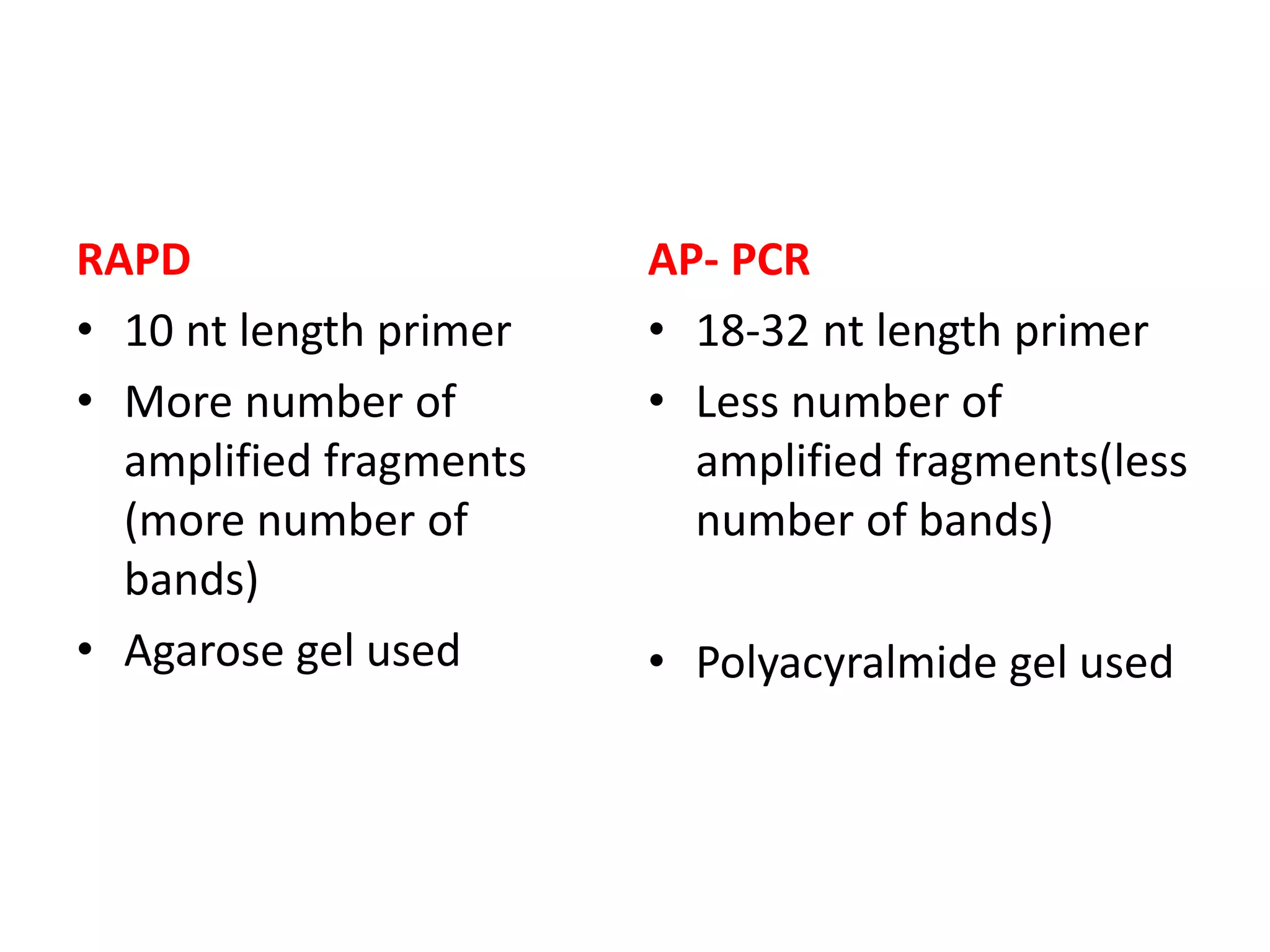 RAPD
• 10 nt length primer
• More number of
amplified fragments
(more number of
bands)
• Agarose gel used
AP- PCR
• 18-32 nt length primer
• Less number of
amplified fragments(less
number of bands)
• Polyacyralmide gel used
 