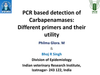 PCR based detection of
Carbapenamases:
Different primers and their
utility
Philma Glora. M
&
Bhoj R Singh
Division of Epidemiology
Indian veterinary Research Institute,
Izatnagar- 243 122, India
 