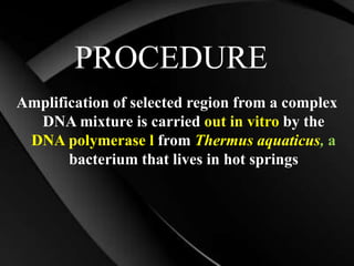 PROCEDURE
Amplification of selected region from a complex
DNA mixture is carried out in vitro by the
DNA polymerase l from Thermus aquaticus, a
bacterium that lives in hot springs
 