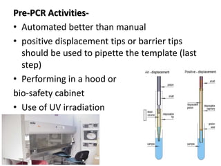 Pre-PCR Activities- 
•Automated better than manual 
•positive displacement tips or barrier tips should be used to pipette the template (last step) 
•Performing in a hood or 
bio-safety cabinet 
•Use of UV irradiation  