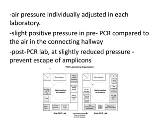 -air pressure individually adjusted in each laboratory. 
-slight positive pressure in pre- PCR compared to the air in the connecting hallway 
-post-PCR lab, at slightly reduced pressure - prevent escape of amplicons  