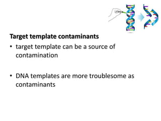 Target template contaminants 
•target template can be a source of contamination 
•DNA templates are more troublesome as contaminants  