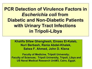 PCR Detection of Virulence Factors in
Escherichia coli from
Diabetic and Non-Diabetic Patients
with Urinary Tract Infections
in Tripoli-Libya
Khalifa Sifaw Ghenghesh, Einass El-Kateb,
Nuri Berbash, Rania Abdel-Khalek,
Salwa F. Ahmed, John D. Klena
Faculty of Medicine, Tripoli University;
Faculty of Sciences; Tripoli University, Tripoli, Libya and
US Naval Medical Research Unit#3, Cairo, Egypt.

 