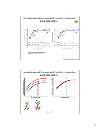 Los umbrales críticos son relativamente constantes
                       para cada cultivo


                                        100                                                                                                          100
             Rendimiento relativo (%)




                                                                                                                          Rendimiento relativo (%)
                                        90                                                                                                           90



                                        80                                                                                                           80



                                        70                                                                                                           70
                                                    Red 1 RR1 = 100 (1 - e (-0.1537 (P+7.00))                                                                  Red 1
                                                                                                R2 = 0.70                                                               RR = 100 (1 - e (-0.1562 (P + 6.69)), R2 = 0.70
                                                    Red 2 RR2 = 100 (1 - e (-0.1636 (P+5.96))                                                                  Red 2
                                        60                                                                                                           60
                                              0              10             20             30           40                                                 0            10            20              30             40
                                                               PBray 1 (mgP kg-1, 0-20 cm)                                                                               PBray 1 (mgP kg-1, 0-20 cm)


                                                  Red 1: Fertilizar (Bs As, Santa Fé)
                                                  Red 2: Sudeste BA (Calviño et al.)



                                                                                                                                                                             Soja. Gutiérrez Boem et al., 2006




      Los umbrales críticos son relativamente constantes
                       para cada cultivo
                                                                                                             Rendimiento relativo (%)
Rendimiento (kg ha-1)




                                                          P disponible                                                                                                 P disponible




                                                                                                 G. Boem 2010




                                                                                                                                                                                                                          7
 