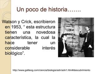 Un poco de historia…….

Watson y Crick, escribieron
 en 1953, ― esta estructura
 tienen una novedosa
 característica, la cual la
 hace        tener       un
 considerable       interés
 biológico‖.


     http://www.galileog.com/ciencia/biologia/adn/adn1.htm#descubrimiento
 