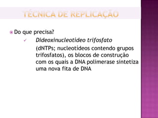  Do   que precisa?
           Dideoxinucleotídeo trifosfato
            (dNTPs; nucleotídeos contendo grupos
            trifosfatos), os blocos de construção
            com os quais a DNA polimerase sintetiza
            uma nova fita de DNA
 