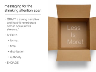 messaging for the
shrinking attention span
• CRAFT a strong narrative
and have it reverberate
across social news
streams.*

• SHRINK

• format

• time

• distribution

• authority

• ENGAGE
 