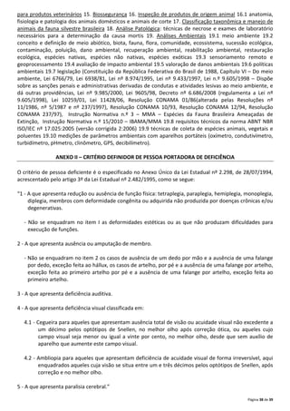 Página 38 de 39
para produtos veterinários 15. Biossegurança 16. Inspeção de produtos de origem animal 16.1 anatomia,
fisiologia e patologia dos animais domésticos e animais de corte 17. Classificação taxonômica e manejo de
animais da fauna silvestre brasileira 18. Análise Patológica: técnicas de necrose e exames de laboratório
necessários para a determinação da causa mortis 19. Análises Ambientais 19.1 meio ambiente 19.2
conceito e definição de meio abiótico, biota, fauna, flora, comunidade, ecossistema, sucessão ecológica,
contaminação, poluição, dano ambiental, recuperação ambiental, reabilitação ambiental, restauração
ecológica, espécies nativas, espécies não nativas, espécies exóticas 19.3 sensoriamento remoto e
geoprocessamento 19.4 avaliação de impacto ambiental 19.5 valoração de danos ambientais 19.6 políticas
ambientais 19.7 legislação (Constituição da República Federativa do Brasil de 1988, Capítulo VI – Do meio
ambiente, Lei 6766/79, Lei 6938/81, Lei nº 8.974/1995, Lei nº 9.433/1997, Lei n.º 9.605/1998 – Dispõe
sobre as sanções penais e administrativas derivadas de condutas e atividades lesivas ao meio ambiente, e
dá outras providências, Lei nº 9.985/2000, Lei 9605/98, Decreto nº 6.686/2008 (regulamenta a Lei nº
9.605/1998), Lei 10259/01, Lei 11428/06, Resolução CONAMA 01/86(alterada pelas Resoluções nº
11/1986, nº 5/1987 e nº 237/1997), Resolução CONAMA 10/93, Resolução CONAMA 12/94, Resolução
CONAMA 237/97), Instrução Normativa n.º 3 – MMA – Espécies da Fauna Brasileira Ameaçadas de
Extinção, Instrução Normativa n.º 15/2010 – IBAMA/MMA 19.8 requisitos técnicos da norma ABNT NBR
ISO/IEC nº 17.025:2005 (versão corrigida 2:2006) 19.9 técnicas de coleta de espécies animais, vegetais e
poluentes 19.10 medições de parâmetros ambientais com aparelhos portáteis (oxímetro, condutivímetro,
turbidímetro, pHmetro, clinômetro, GPS, decibilímetro).
ANEXO II – CRITÉRIO DEFINIDOR DE PESSOA PORTADORA DE DEFICIÊNCIA
O critério de pessoa deficiente é o especificado no Anexo Único da Lei Estadual nº 2.298, de 28/07/1994,
acrescentado pelo artigo 3º da Lei Estadual nº 2.482/1995, como se segue:
“1 - A que apresenta redução ou ausência de função física: tetraplegia, paraplegia, hemiplegia, monoplegia,
diplegia, membros com deformidade congênita ou adquirida não produzida por doenças crônicas e/ou
degenerativas.
- Não se enquadram no item I as deformidades estéticas ou as que não produzam dificuldades para
execução de funções.
2 - A que apresenta ausência ou amputação de membro.
- Não se enquadram no item 2 os casos de ausência de um dedo por mão e a ausência de uma falange
por dedo, exceção feita ao hállux, os casos de artelho, por pé e a ausência de uma falange por artelho,
exceção feita ao primeiro artelho por pé e a ausência de uma falange por artelho, exceção feita ao
primeiro artelho.
3 - A que apresenta deficiência auditiva.
4 - A que apresenta deficiência visual classificada em:
4.1 - Cegueira para aqueles que apresentam ausência total de visão ou acuidade visual não excedente a
um décimo pelos optótipos de Snellen, no melhor olho após correção ótica, ou aqueles cujo
campo visual seja menor ou igual a vinte por cento, no melhor olho, desde que sem auxílio de
aparelho que aumente este campo visual.
4.2 - Ambliopia para aqueles que apresentam deficiência de acuidade visual de forma irreversível, aqui
enquadrados aqueles cuja visão se situa entre um e três décimos pelos optótipos de Snellen, após
correção e no melhor olho.
5 - A que apresenta paralisia cerebral.”
 