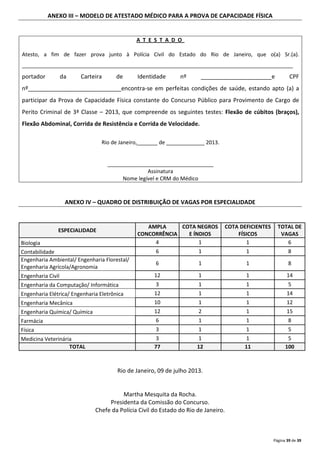 Página 39 de 39
ANEXO III – MODELO DE ATESTADO MÉDICO PARA A PROVA DE CAPACIDADE FÍSICA
A T E S T A D O
Atesto, a fim de fazer prova junto à Polícia Civil do Estado do Rio de Janeiro, que o(a) Sr.(a).
____________________________________________________________________________________________
portador da Carteira de Identidade nº ______________________e CPF
nº_____________________________encontra-se em perfeitas condições de saúde, estando apto (a) a
participar da Prova de Capacidade Física constante do Concurso Público para Provimento de Cargo de
Perito Criminal de 3ª Classe – 2013, que compreende os seguintes testes: Flexão de cúbitos (braços),
Flexão Abdominal, Corrida de Resistência e Corrida de Velocidade.
Rio de Janeiro,_______ de _____________ 2013.
____________________________________
Assinatura
Nome legível e CRM do Médico
ANEXO IV – QUADRO DE DISTRIBUIÇÃO DE VAGAS POR ESPECIALIDADE
ESPECIALIDADE
AMPLA
CONCORRÊNCIA
COTA NEGROS
E ÍNDIOS
COTA DEFICIENTES
FÍSICOS
TOTAL DE
VAGAS
Biologia 4 1 1 6
Contabilidade 6 1 1 8
Engenharia Ambiental/ Engenharia Florestal/
Engenharia Agrícola/Agronomia
6 1 1 8
Engenharia Civil 12 1 1 14
Engenharia da Computação/ Informática 3 1 1 5
Engenharia Elétrica/ Engenharia Eletrônica 12 1 1 14
Engenharia Mecânica 10 1 1 12
Engenharia Química/ Química 12 2 1 15
Farmácia 6 1 1 8
Física 3 1 1 5
Medicina Veterinária 3 1 1 5
TOTAL 77 12 11 100
Rio de Janeiro, 09 de julho 2013.
Martha Mesquita da Rocha.
Presidenta da Comissão do Concurso.
Chefe da Polícia Civil do Estado do Rio de Janeiro.
 