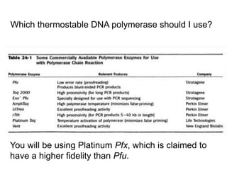 Which thermostable DNA polymerase should I use? 
You will be using Platinum Pfx, which is claimed to 
have a higher fidelity than Pfu. 
 