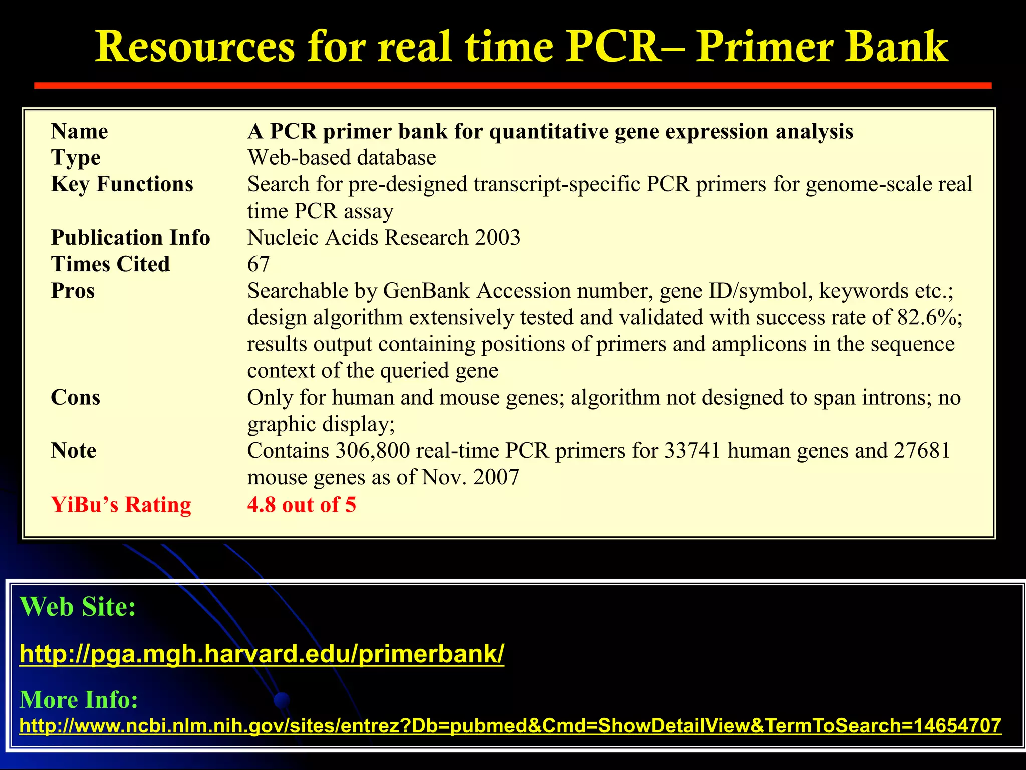 Resources for real time PCR– Primer Bank
Web Site:
http://pga.mgh.harvard.edu/primerbank/
More Info:
http://www.ncbi.nlm.nih.gov/sites/entrez?Db=pubmed&Cmd=ShowDetailView&TermToSearch=14654707
Name A PCR primer bank for quantitative gene expression analysis
Type Web-based database
Key Functions Search for pre-designed transcript-specific PCR primers for genome-scale real
time PCR assay
Publication Info Nucleic Acids Research 2003
Times Cited 67
Pros Searchable by GenBank Accession number, gene ID/symbol, keywords etc.;
design algorithm extensively tested and validated with success rate of 82.6%;
results output containing positions of primers and amplicons in the sequence
context of the queried gene
Cons Only for human and mouse genes; algorithm not designed to span introns; no
graphic display;
Note Contains 306,800 real-time PCR primers for 33741 human genes and 27681
mouse genes as of Nov. 2007
YiBu’s Rating 4.8 out of 5
 