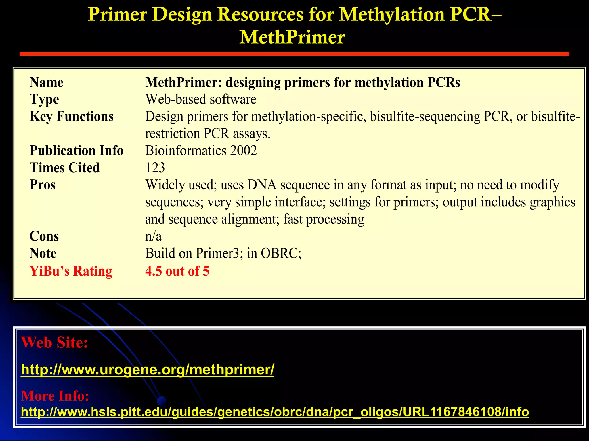 Primer Design Resources for Methylation PCR–
MethPrimer
Web Site:
http://www.urogene.org/methprimer/
More Info:
http://www.hsls.pitt.edu/guides/genetics/obrc/dna/pcr_oligos/URL1167846108/info
Name MethPrimer: designing primers for methylation PCRs
Type Web-based software
Key Functions Design primers for methylation-specific, bisulfite-sequencing PCR, or bisulfite-
restriction PCR assays.
Publication Info Bioinformatics 2002
Times Cited 123
Pros Widely used; uses DNA sequence in any format as input; no need to modify
sequences; very simple interface; settings for primers; output includes graphics
and sequence alignment; fast processing
Cons n/a
Note Build on Primer3; in OBRC;
YiBu’s Rating 4.5 out of 5
 